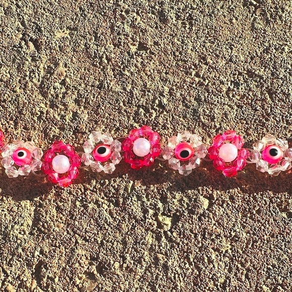Pink and White Floral Beaded Evil Eye Bracelet with Silver Colored Accents - Picture 4 of 5